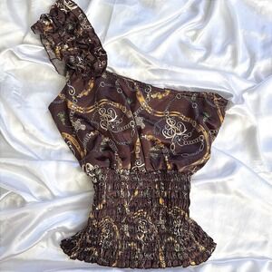 Gold Flava One Shoulder Smocked Blouse Brown Chain Belt Print Top XL